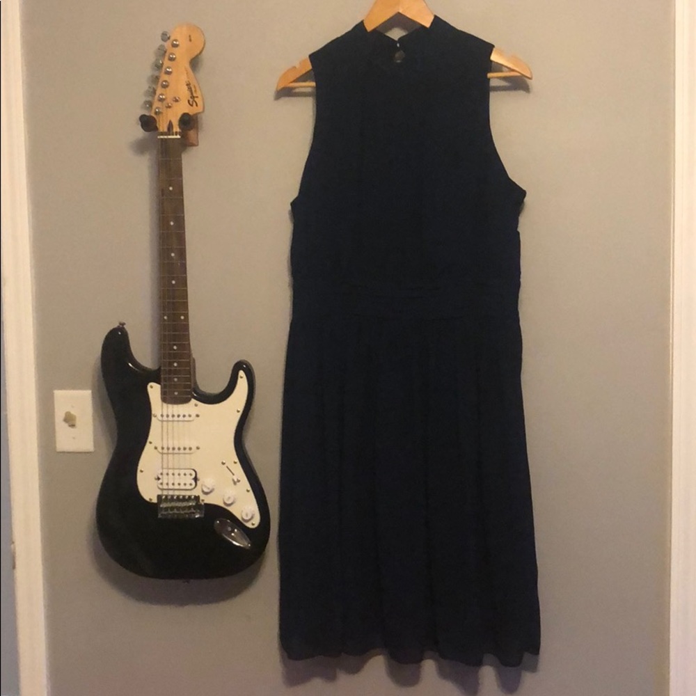 High neck, flowy, ruched waist dress